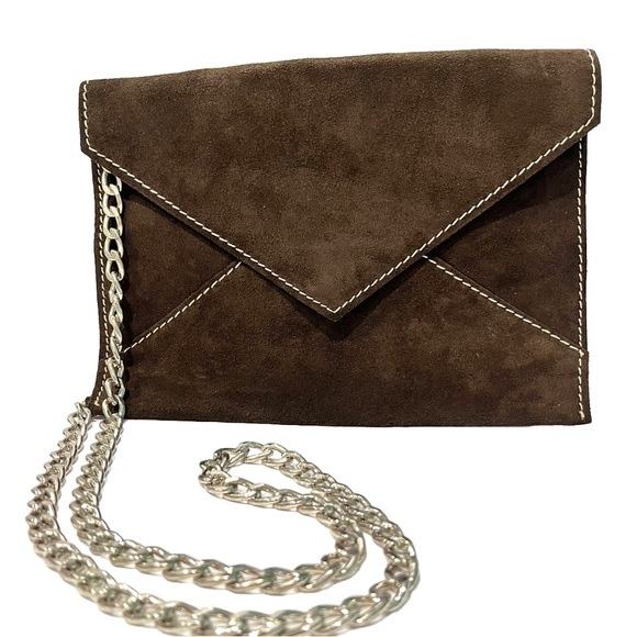 CREAZIONI MAURIZIO~Chocolate Brown Italian Suede Envelope Purse With Chain Strap - Picture 1 of 7